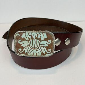 VTG Brown Leather Belt Pewter Floral Belt Buckle Unisex Size 38 Western Boho USA